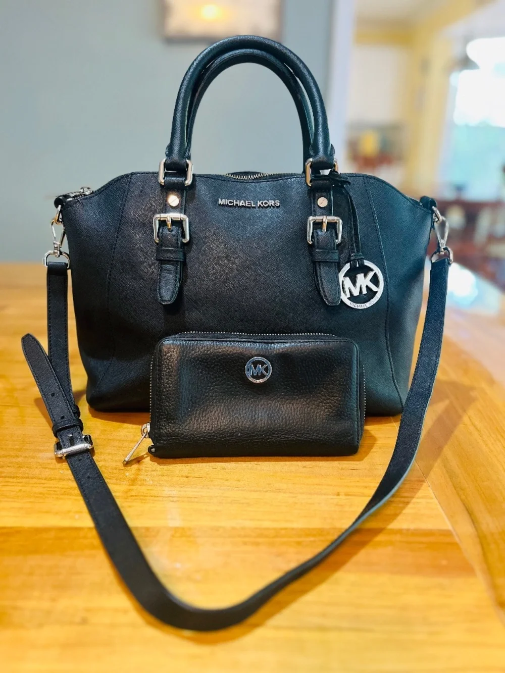 Michael Kors Black Large Saffiano Leather Satchel Silver with Black Wallet